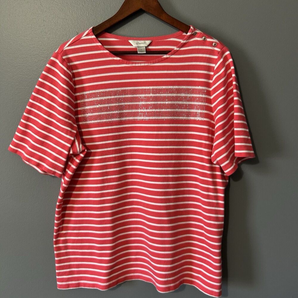 CJ Banks Top Size 2X Striped Red White Embellished Rhinestone Short Sleeve